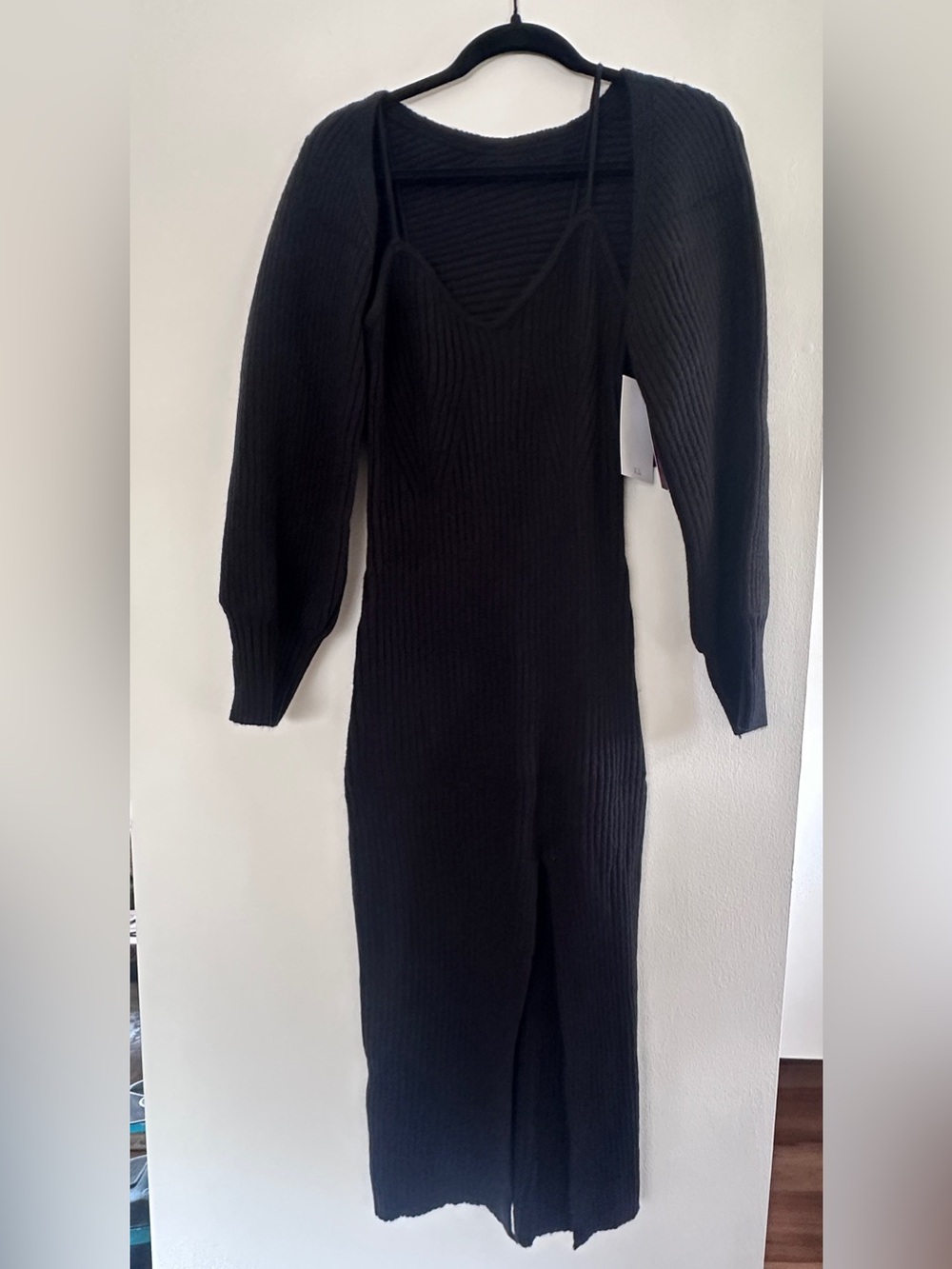 Black Ribbed Knit Midi Dress with Puff Sleeve Cardigan